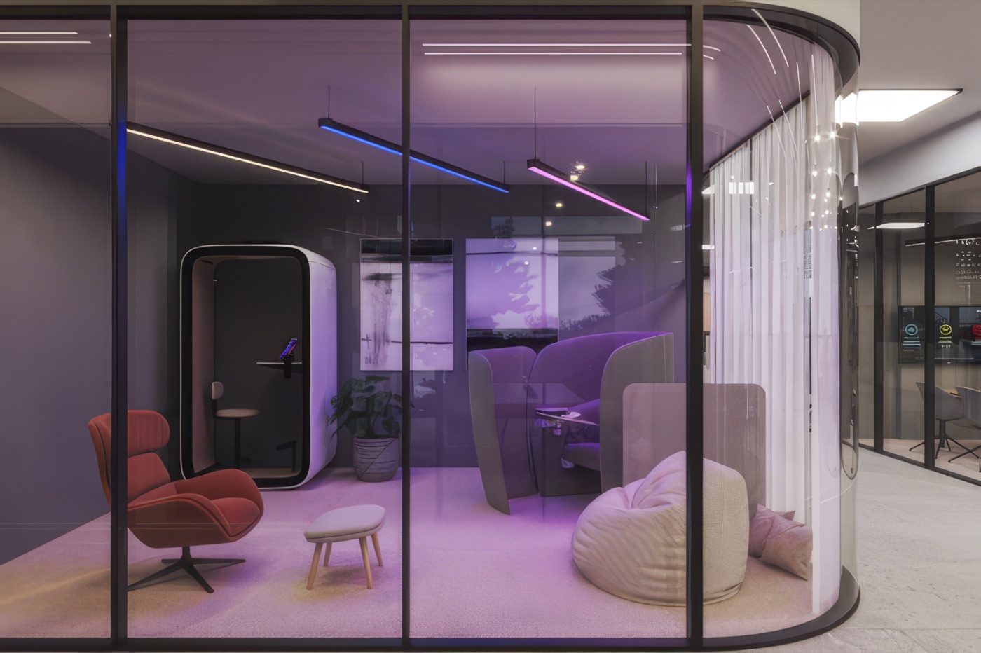 Salle sensorielle vitrée avec éclairage tamisé violet, fauteuil et assises souples.