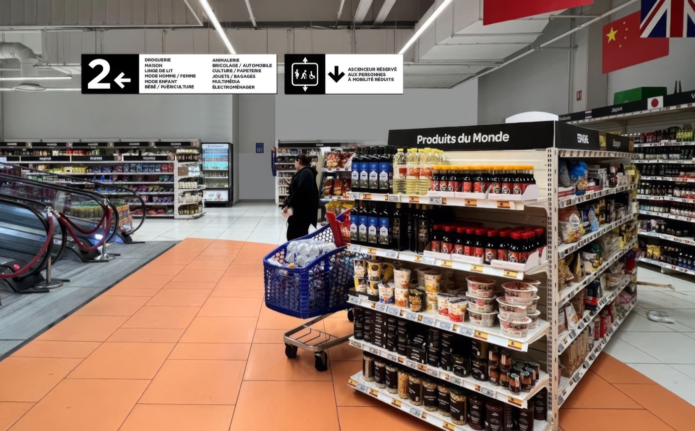 Allée de magasin Carrefour avec des panneaux de repérage en hauteur, associant textes, flèches et pictogrammes.