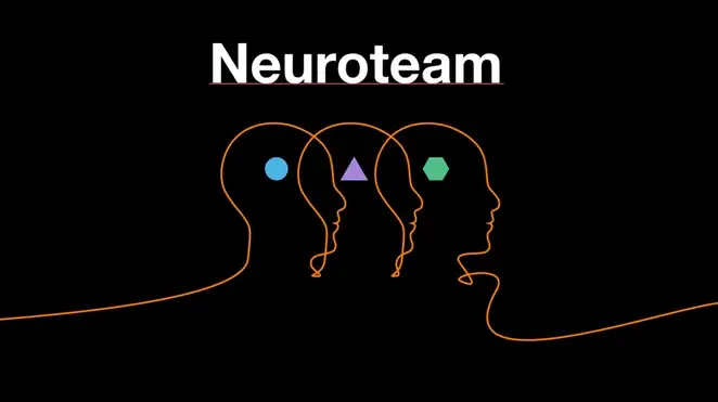 Visuel Neuroteam : trois profils dessinés en orange, avec des formes géométriques différentes.