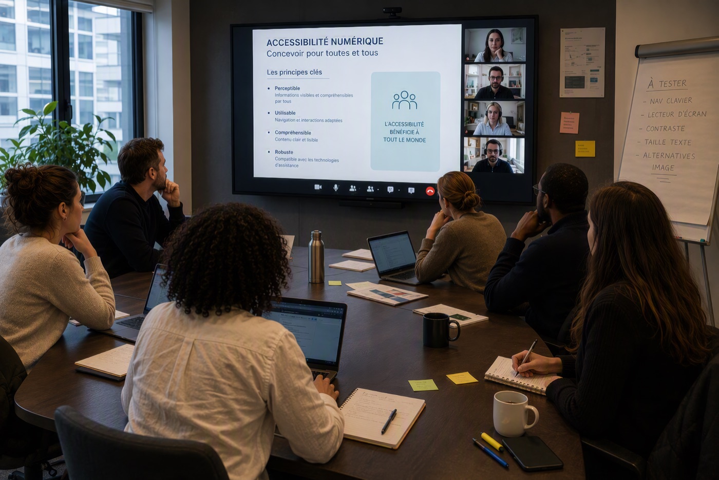 Des collègues suivent une présentation sur l’accessibilité numérique, avec des participants en visioconférence.