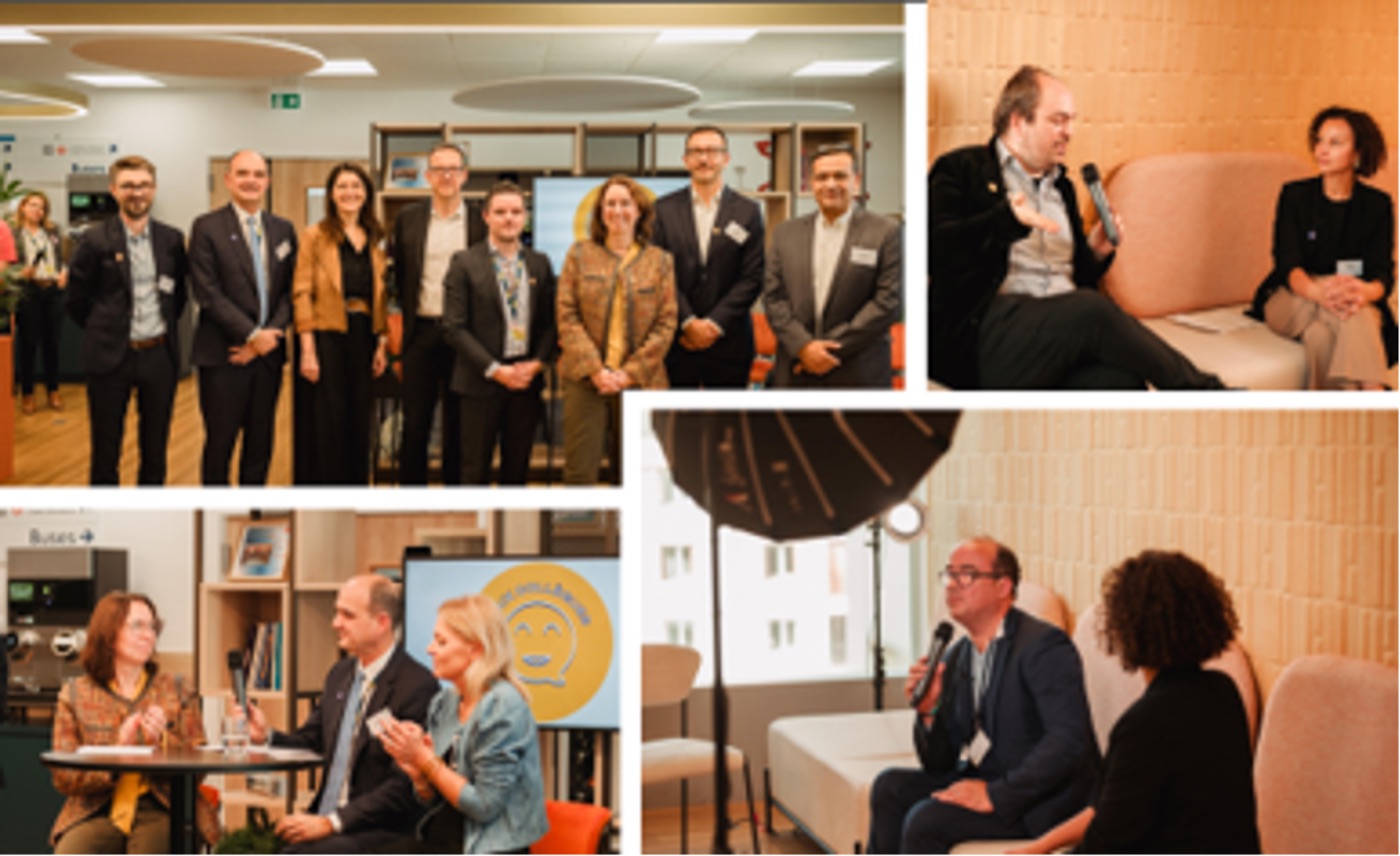 Montage de photos d’un événement Nouveaux Collègues : photo de groupe et échanges au microphone.